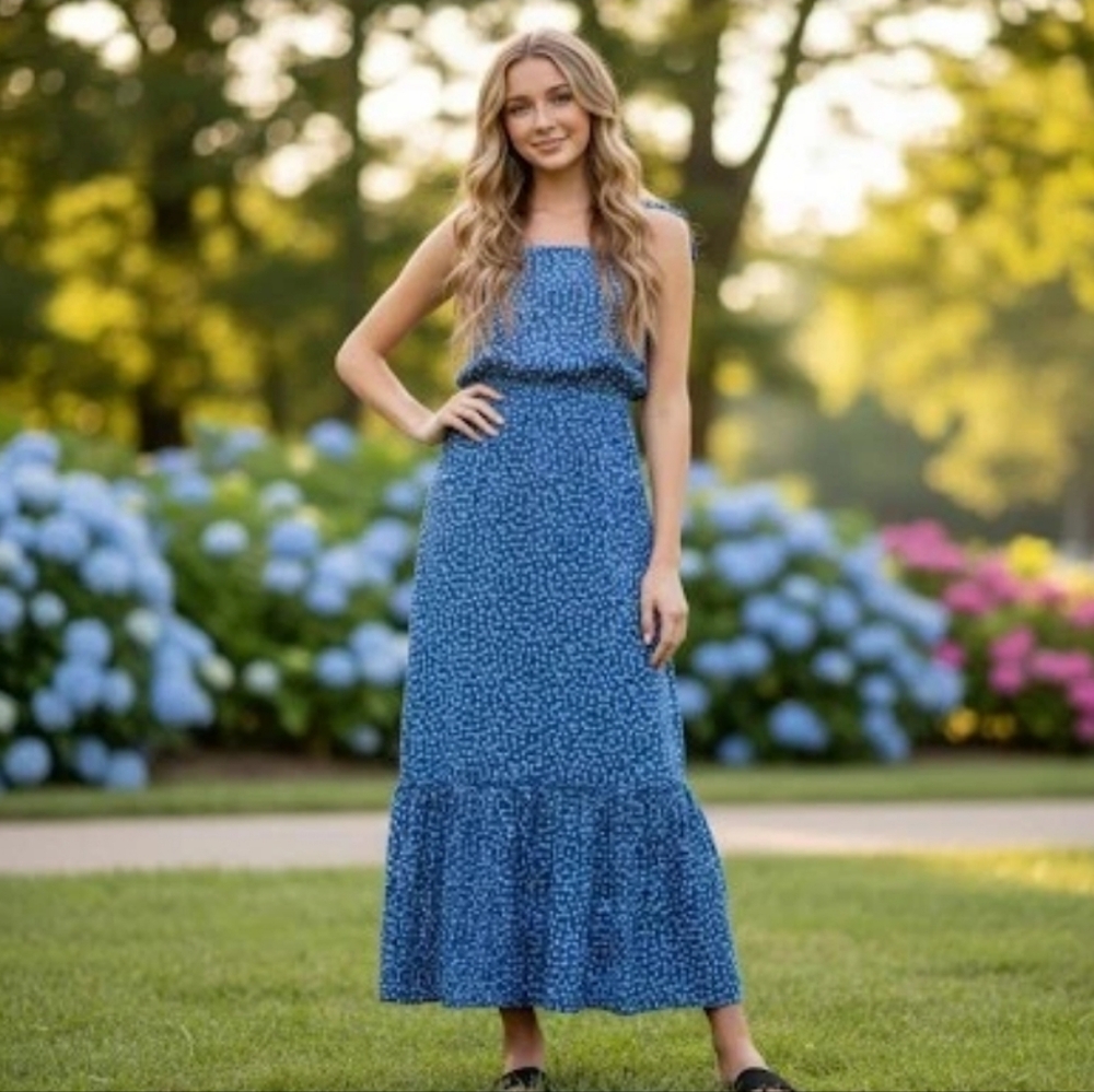 KINGSTON GREY Juniors Floral  Shoulder-Tie Maxi Cotton Dress Blue L (Rane1250kz)